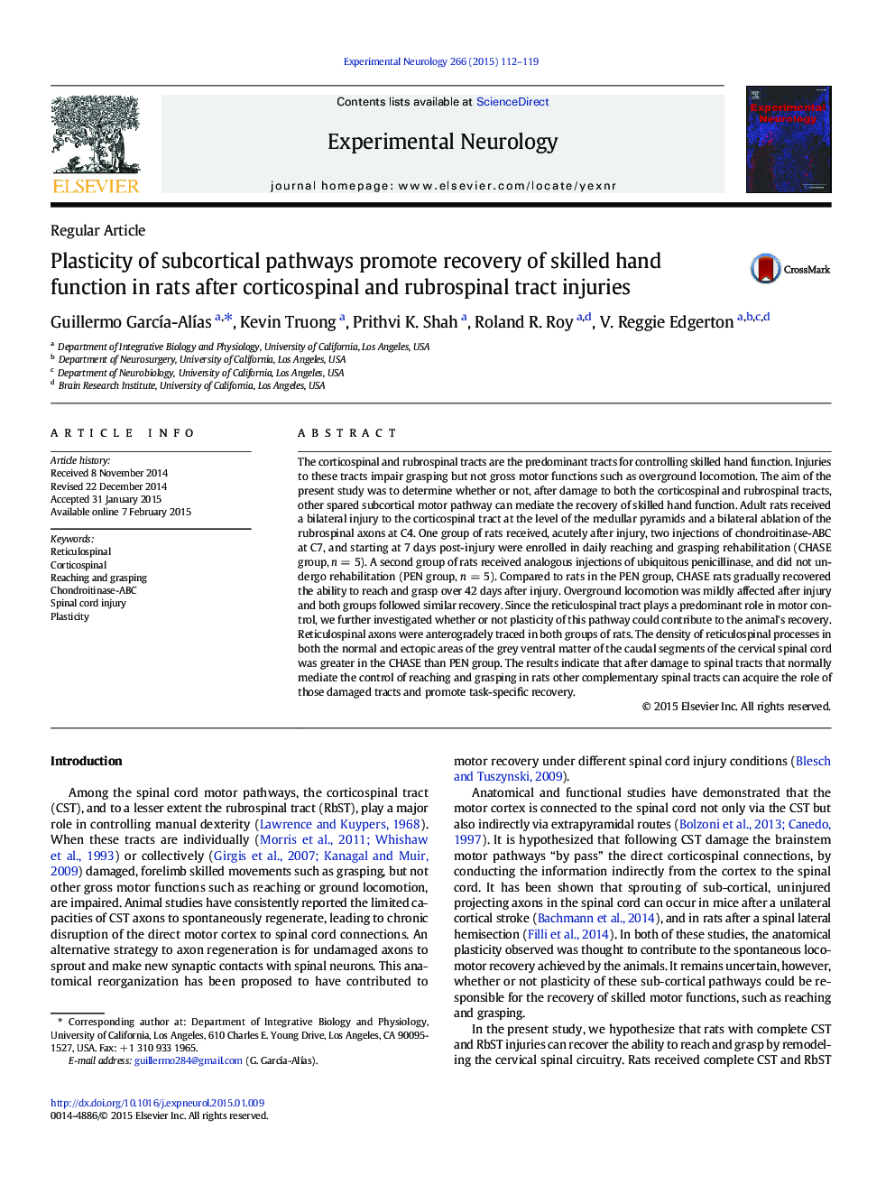 Regular ArticlePlasticity of subcortical pathways promote recovery of skilled hand function in rats after corticospinal and rubrospinal tract injuries