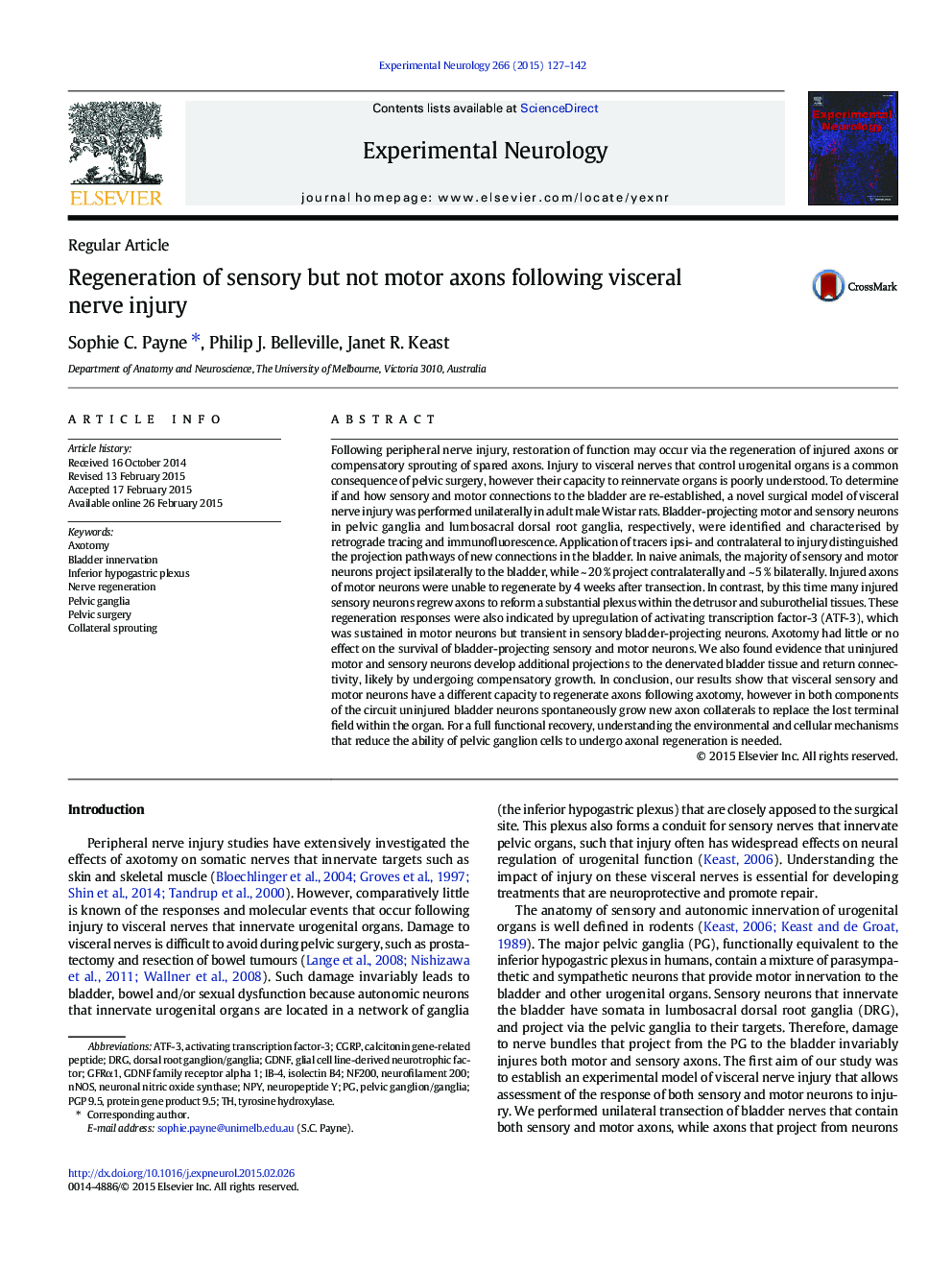 Regeneration of sensory but not motor axons following visceral nerve injury