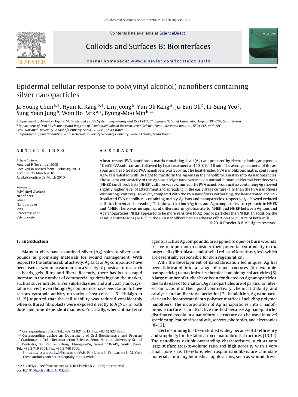 Epidermal cellular response to poly(vinyl alcohol) nanofibers containing silver nanoparticles