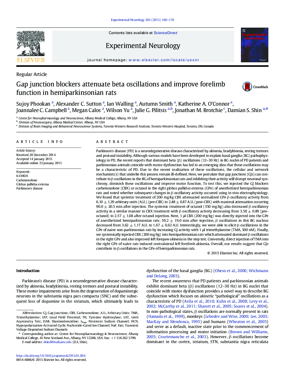 Gap junction blockers attenuate beta oscillations and improve forelimb function in hemiparkinsonian rats