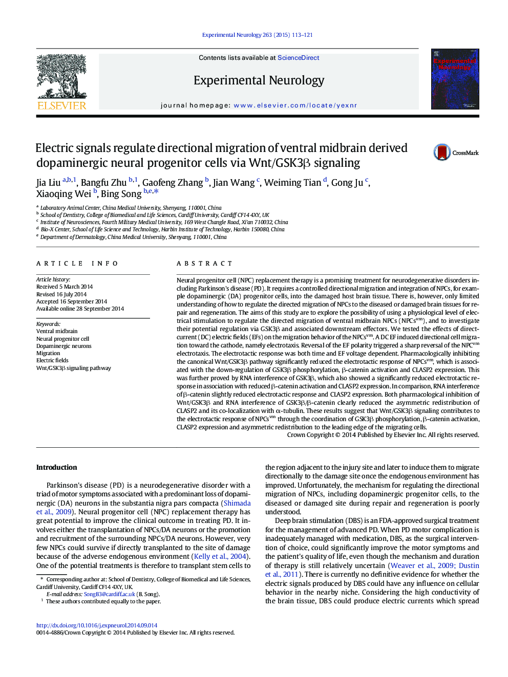 Electric signals regulate directional migration of ventral midbrain derived dopaminergic neural progenitor cells via Wnt/GSK3Î² signaling