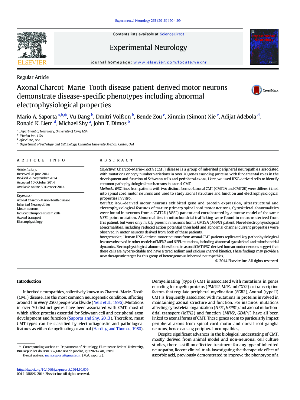 Axonal Charcot-Marie-Tooth disease patient-derived motor neurons demonstrate disease-specific phenotypes including abnormal electrophysiological properties