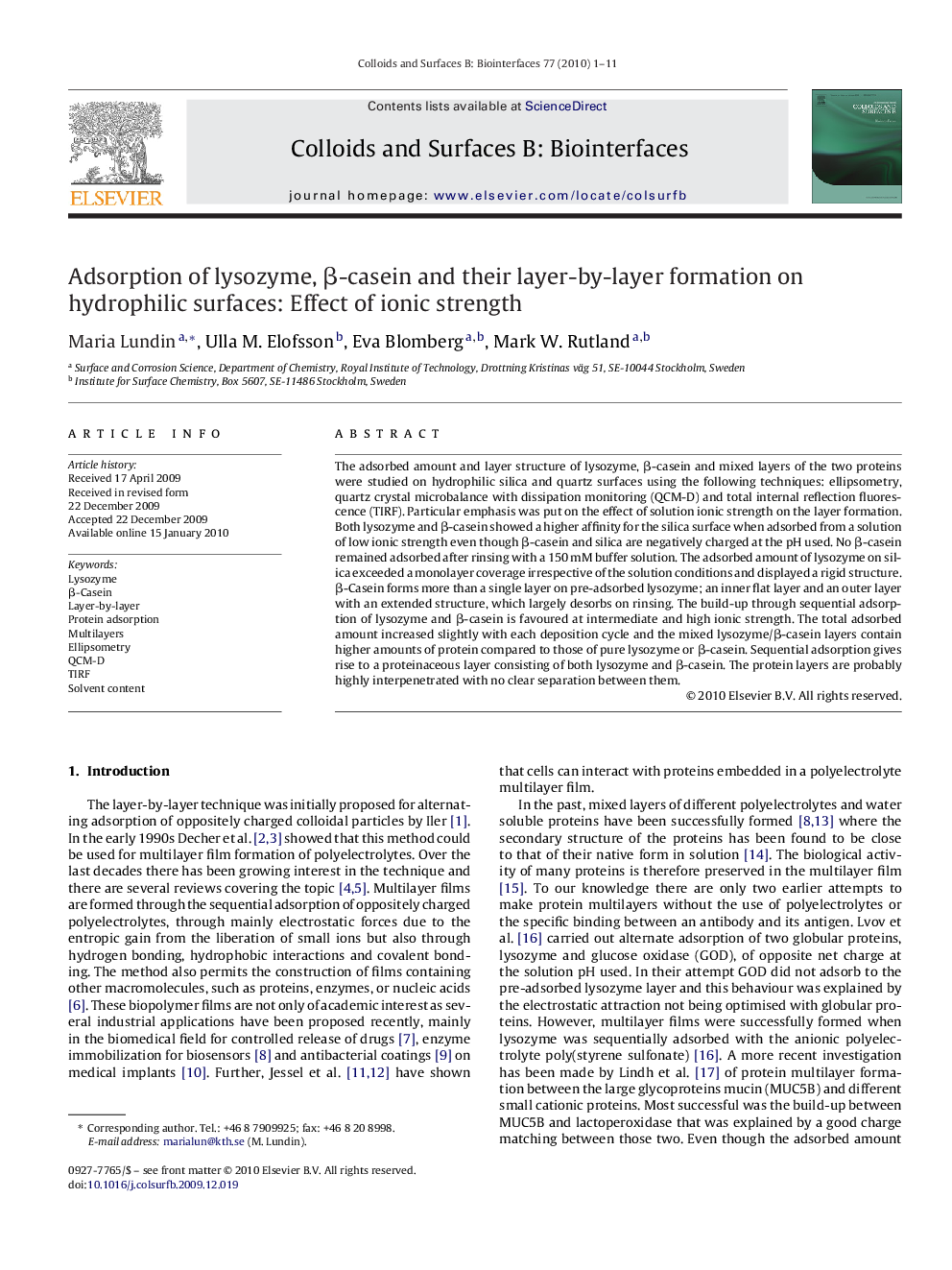 Adsorption of lysozyme, β-casein and their layer-by-layer formation on hydrophilic surfaces: Effect of ionic strength