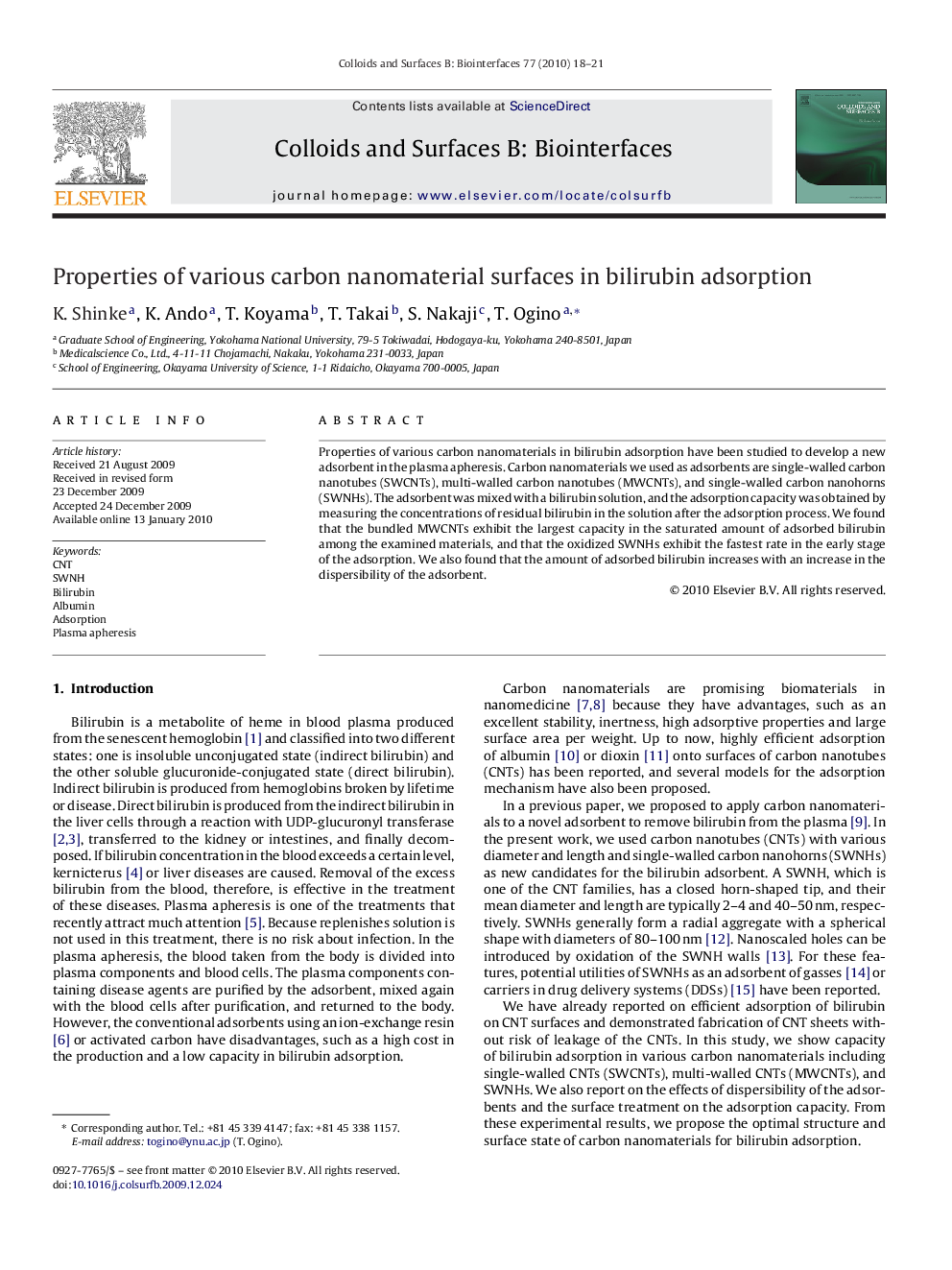 Properties of various carbon nanomaterial surfaces in bilirubin adsorption