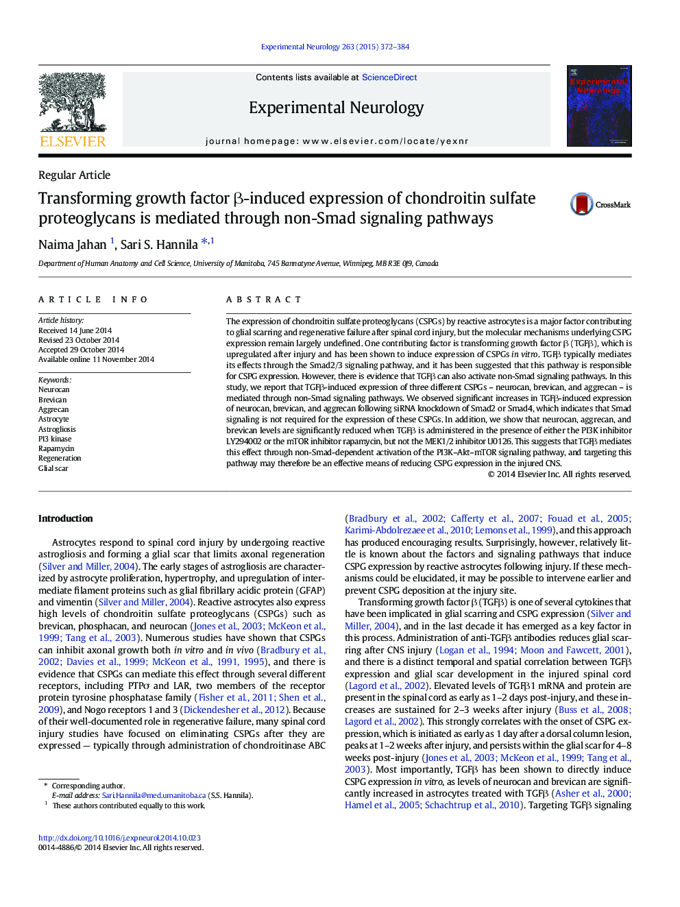 Transforming growth factor Î²-induced expression of chondroitin sulfate proteoglycans is mediated through non-Smad signaling pathways