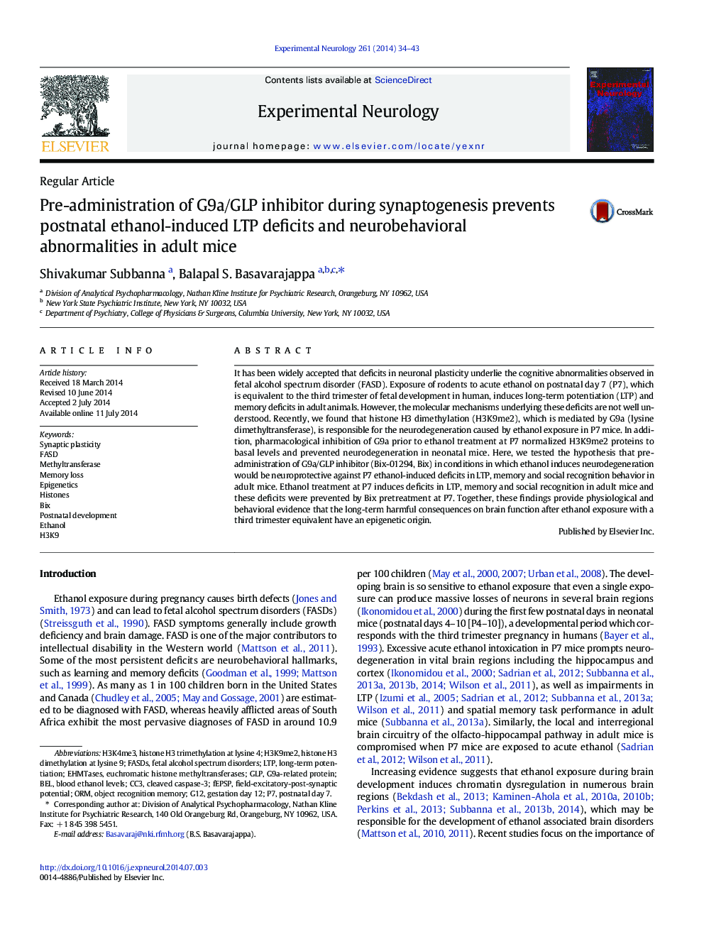 Pre-administration of G9a/GLP inhibitor during synaptogenesis prevents postnatal ethanol-induced LTP deficits and neurobehavioral abnormalities in adult mice