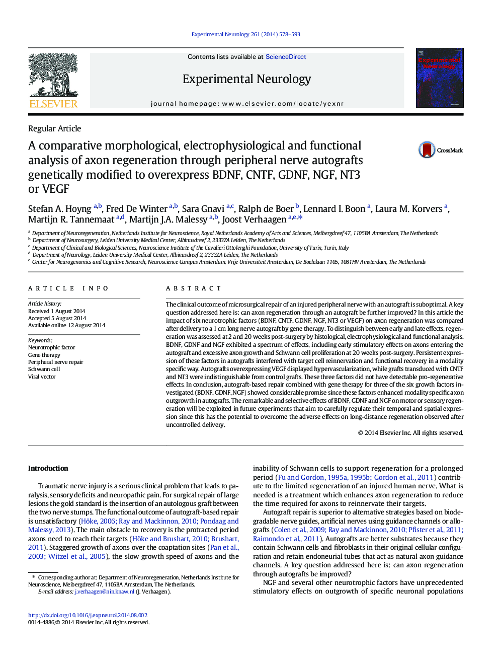 A comparative morphological, electrophysiological and functional analysis of axon regeneration through peripheral nerve autografts genetically modified to overexpress BDNF, CNTF, GDNF, NGF, NT3 or VEGF