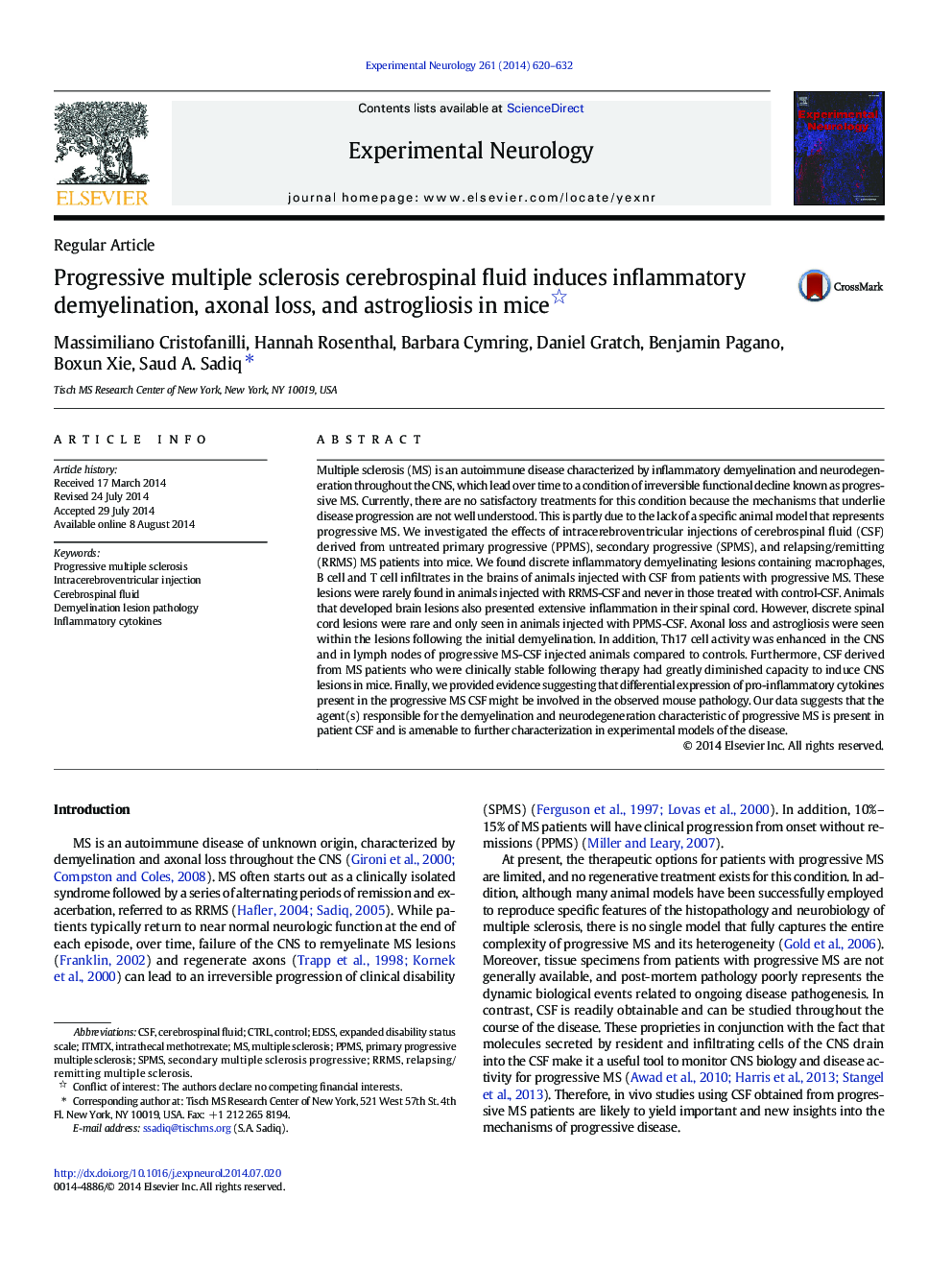 Regular ArticleProgressive multiple sclerosis cerebrospinal fluid induces inflammatory demyelination, axonal loss, and astrogliosis in mice