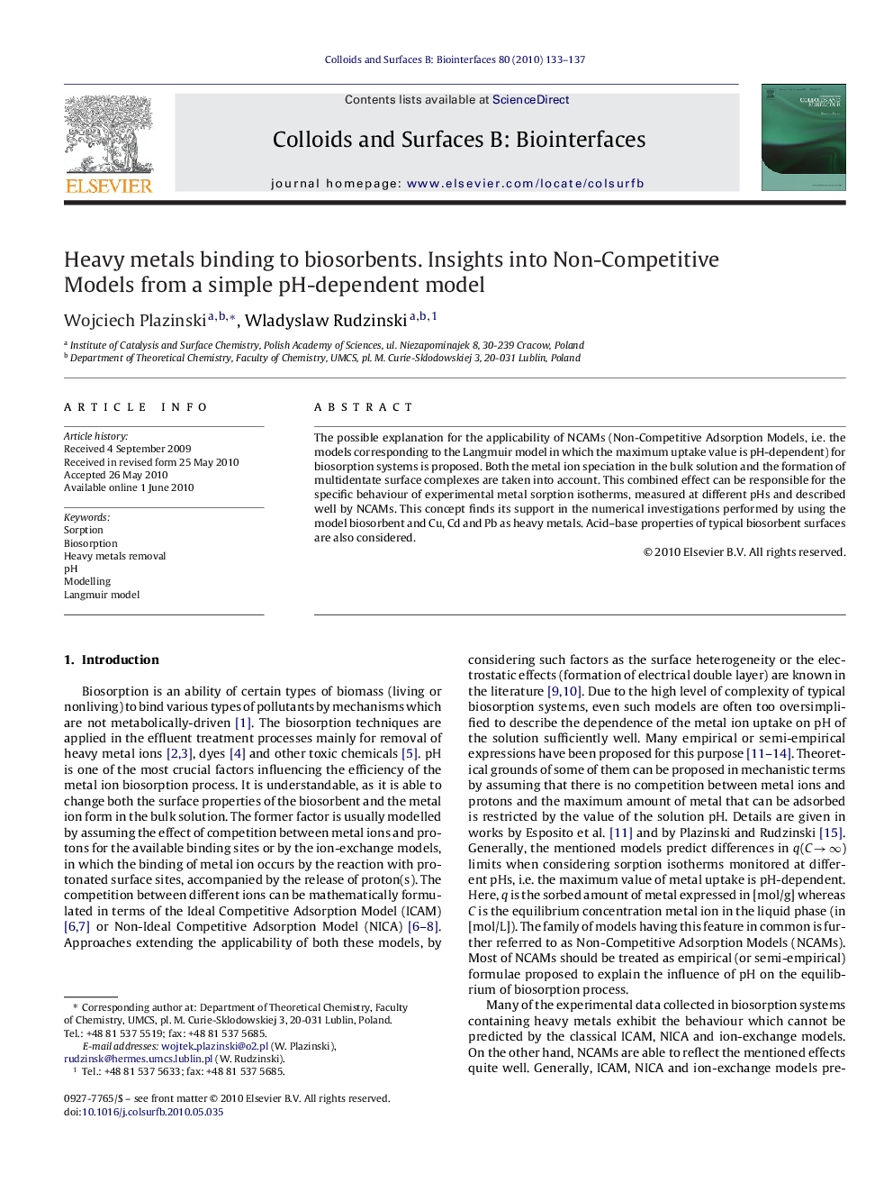 Heavy metals binding to biosorbents. Insights into Non-Competitive Models from a simple pH-dependent model