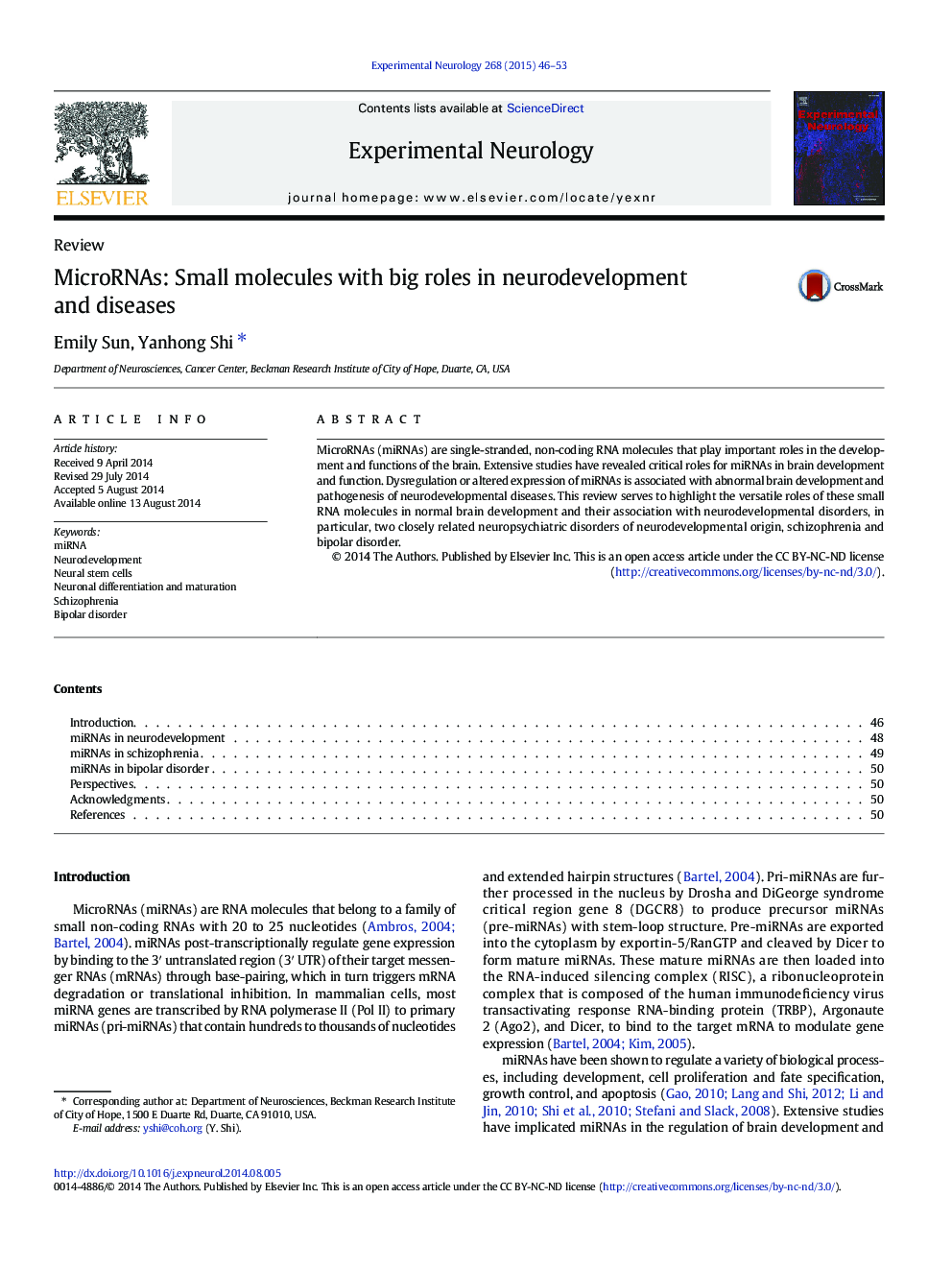 عکس صفحه اول مقاله: MicroRNAs: Small molecules with big roles in neurodevelopment and diseases MicroRNAs: Small molecules with big roles in neurodevelopment and diseases