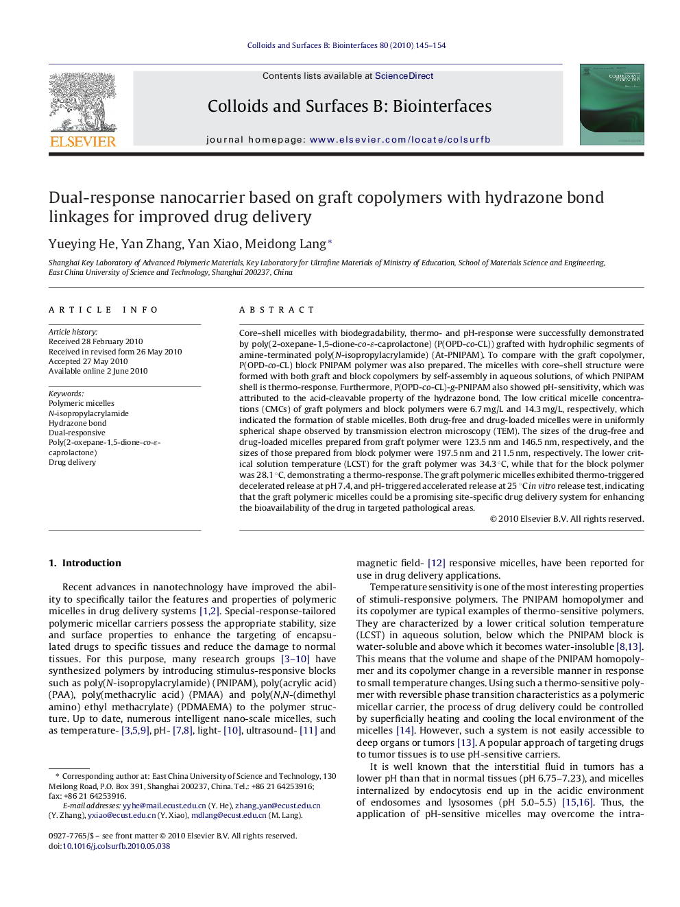 Dual-response nanocarrier based on graft copolymers with hydrazone bond linkages for improved drug delivery