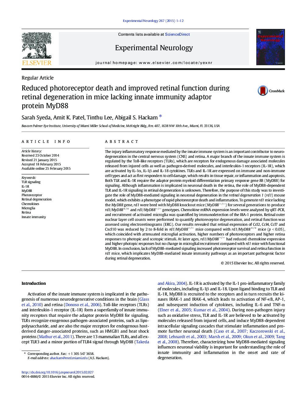 Reduced photoreceptor death and improved retinal function during retinal degeneration in mice lacking innate immunity adaptor protein MyD88