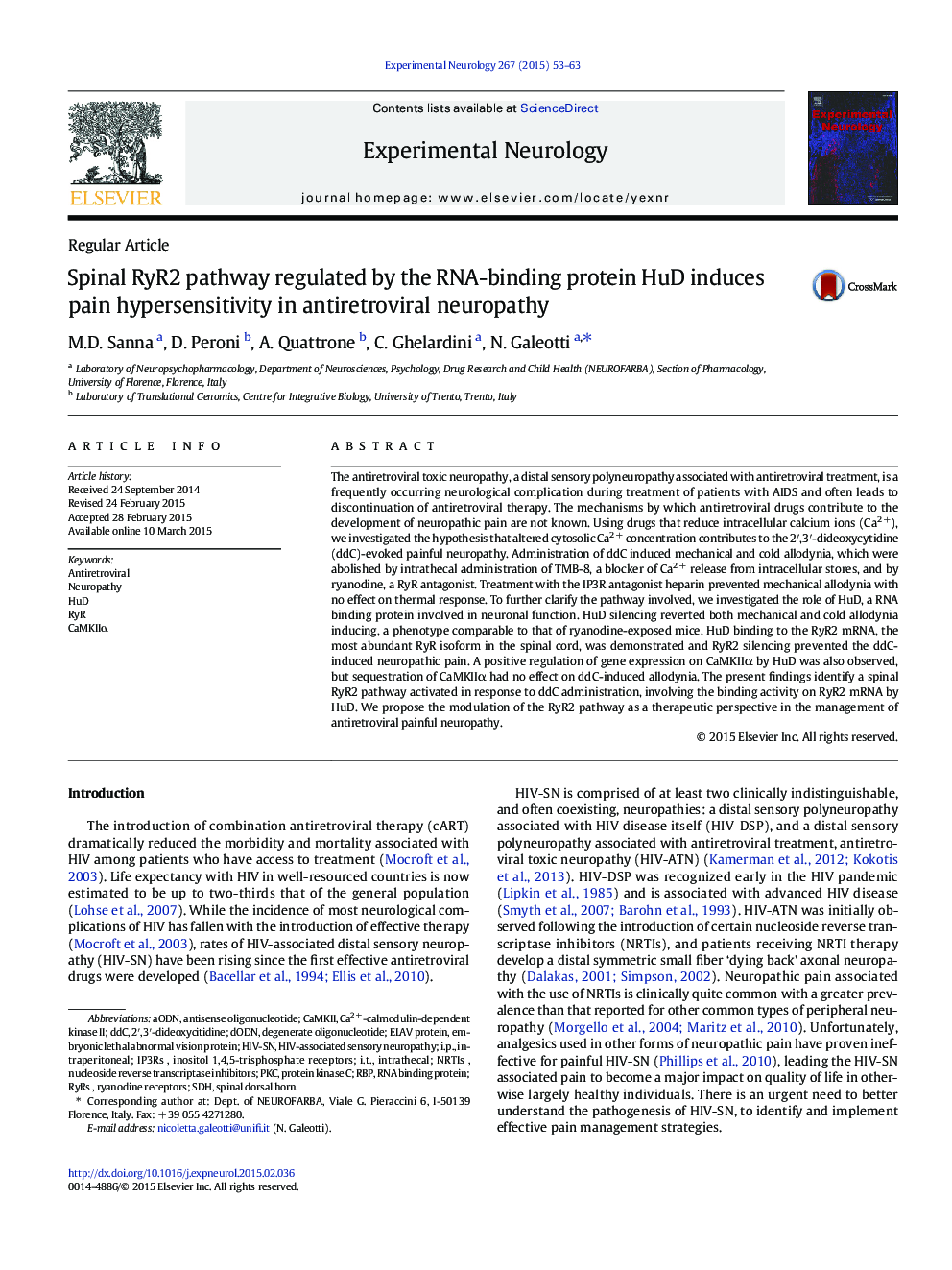 Spinal RyR2 pathway regulated by the RNA-binding protein HuD induces pain hypersensitivity in antiretroviral neuropathy