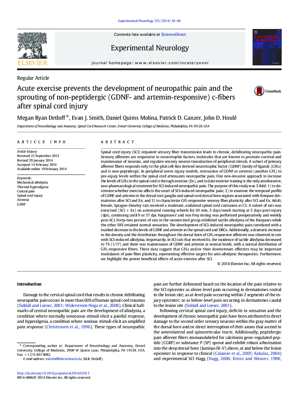 Acute exercise prevents the development of neuropathic pain and the sprouting of non-peptidergic (GDNF- and artemin-responsive) c-fibers after spinal cord injury