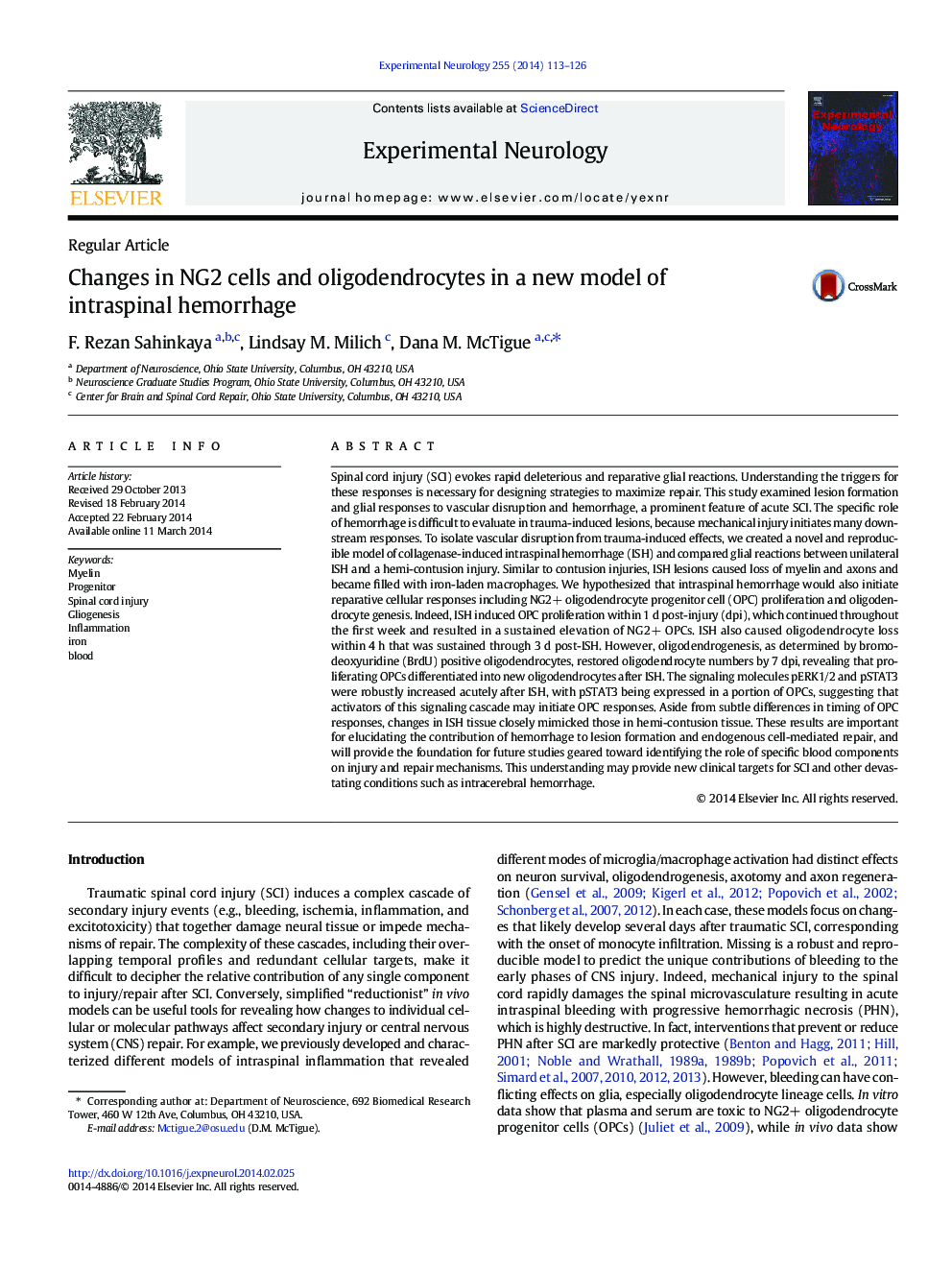 Changes in NG2 cells and oligodendrocytes in a new model of intraspinal hemorrhage