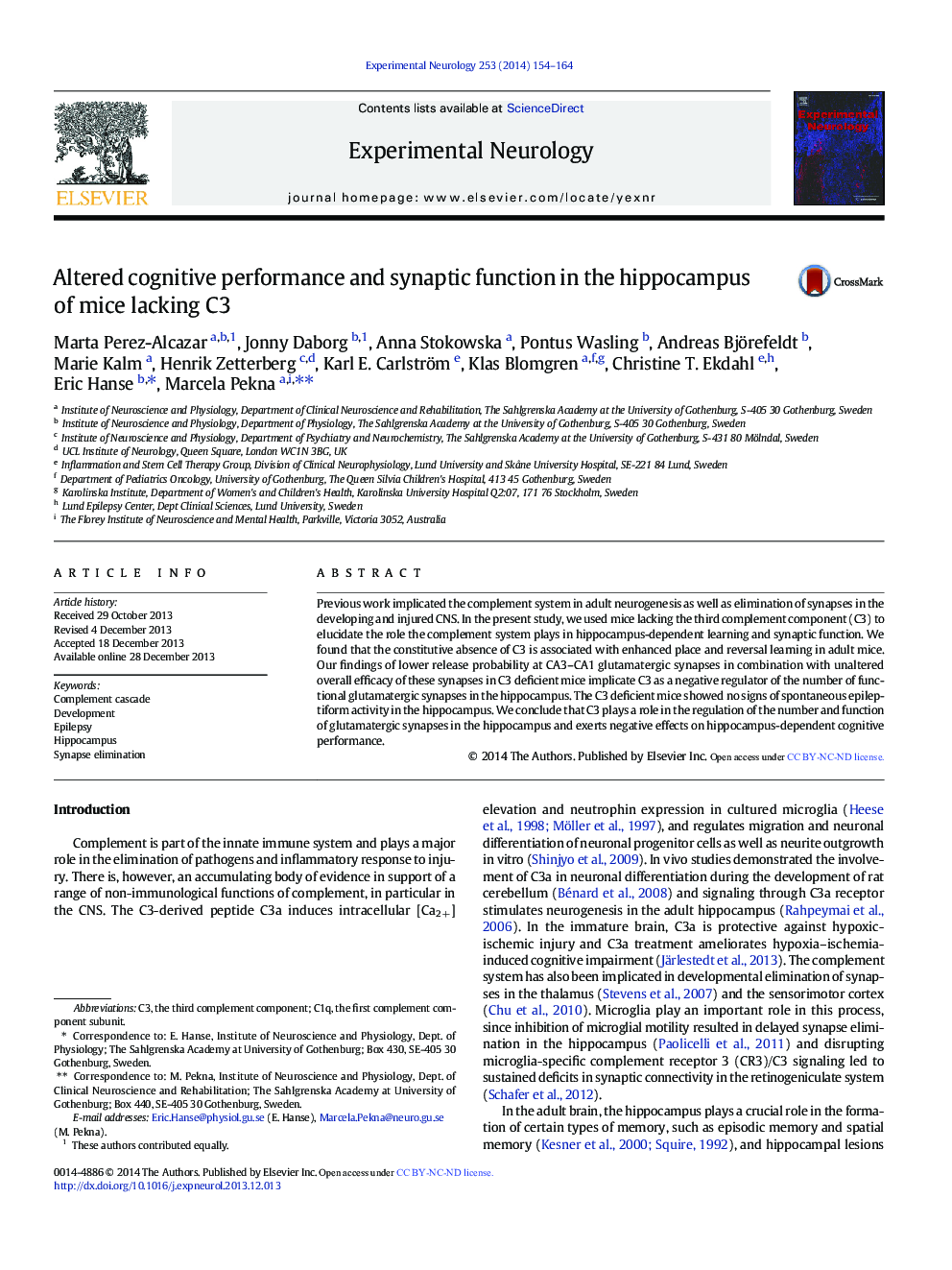 Altered cognitive performance and synaptic function in the hippocampus of mice lacking C3