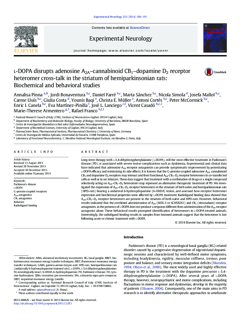 l-DOPA disrupts adenosine A2A-cannabinoid CB1-dopamine D2 receptor heteromer cross-talk in the striatum of hemiparkinsonian rats: Biochemical and behavioral studies