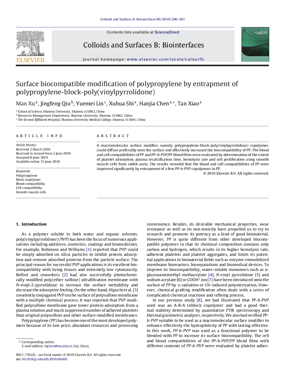 Surface biocompatible modification of polypropylene by entrapment of polypropylene-block-poly(vinylpyrrolidone)