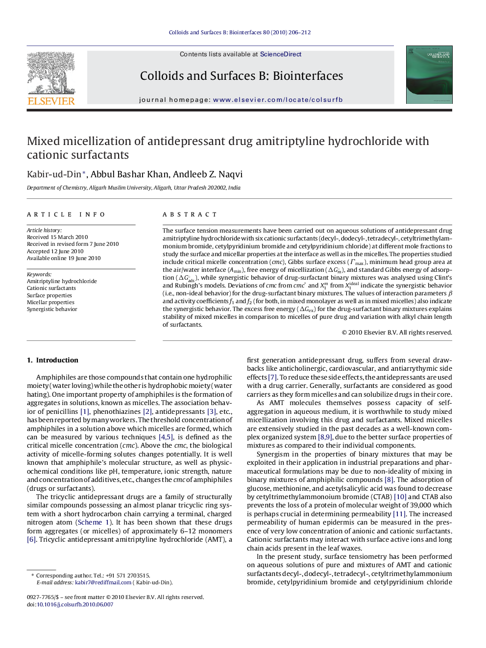 عکس صفحه اول مقاله: Mixed micellization of antidepressant drug amitriptyline hydrochloride with cationic surfactants Mixed micellization of antidepressant drug amitriptyline hydrochloride with cationic surfactants