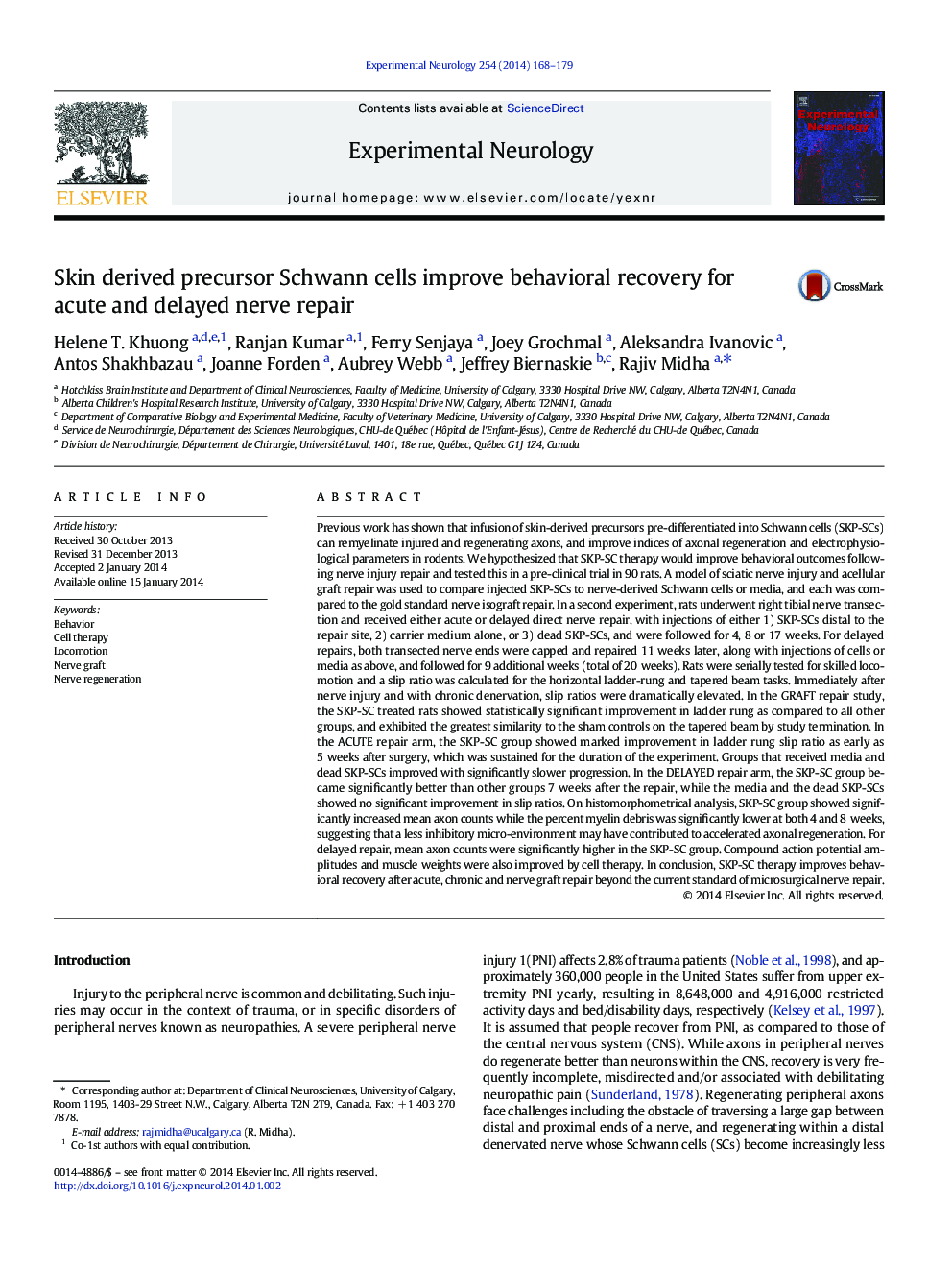 Skin derived precursor Schwann cells improve behavioral recovery for acute and delayed nerve repair