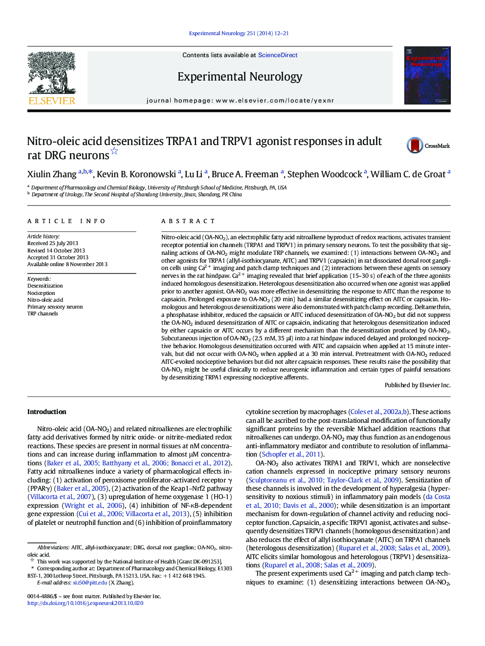 Nitro-oleic acid desensitizes TRPA1 and TRPV1 agonist responses in adult rat DRG neurons