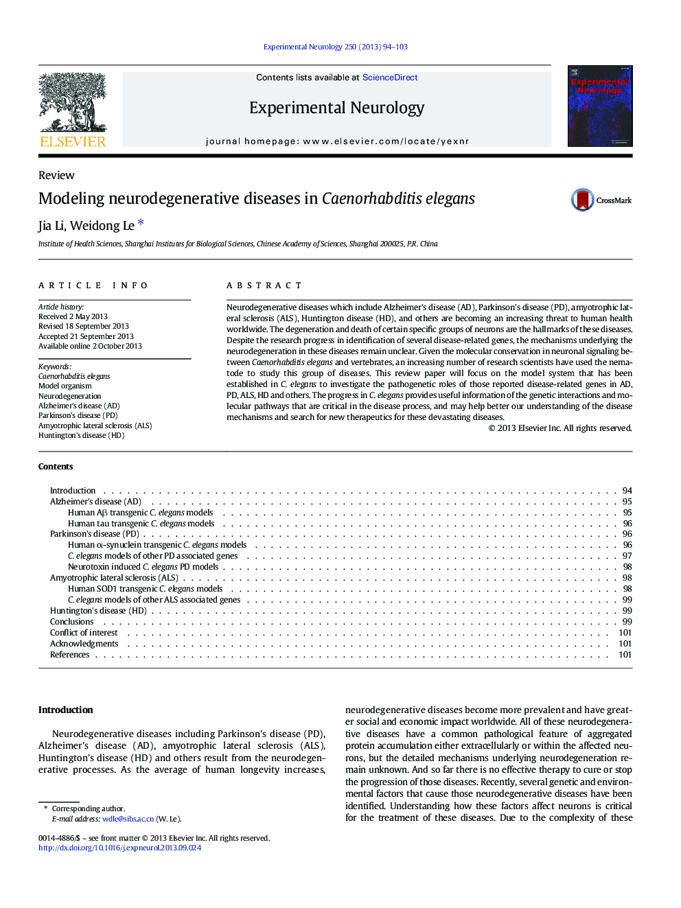 ReviewModeling neurodegenerative diseases in Caenorhabditis elegans