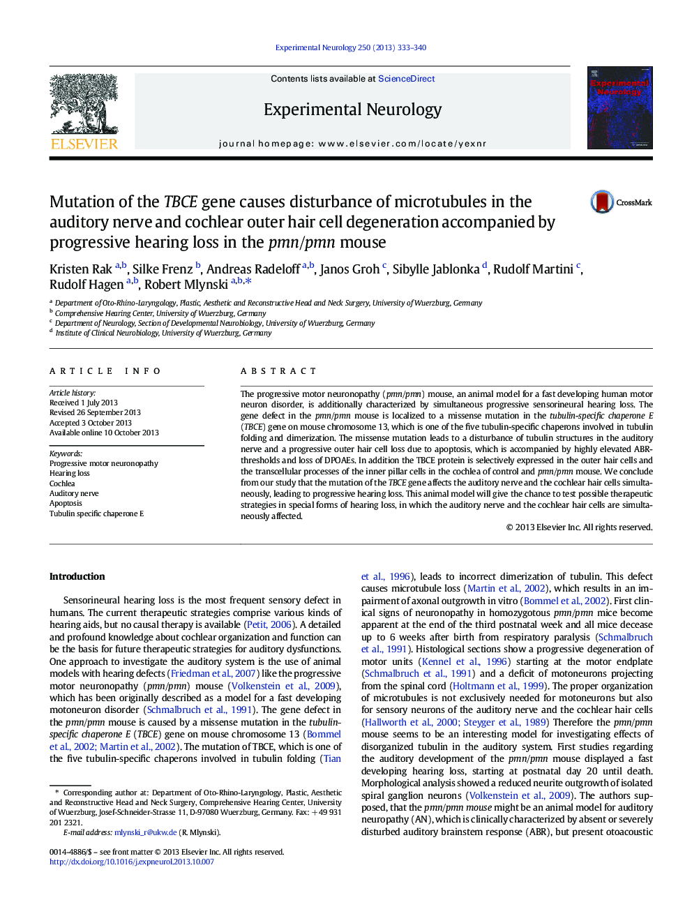 Mutation of the TBCE gene causes disturbance of microtubules in the auditory nerve and cochlear outer hair cell degeneration accompanied by progressive hearing loss in the pmn/pmn mouse