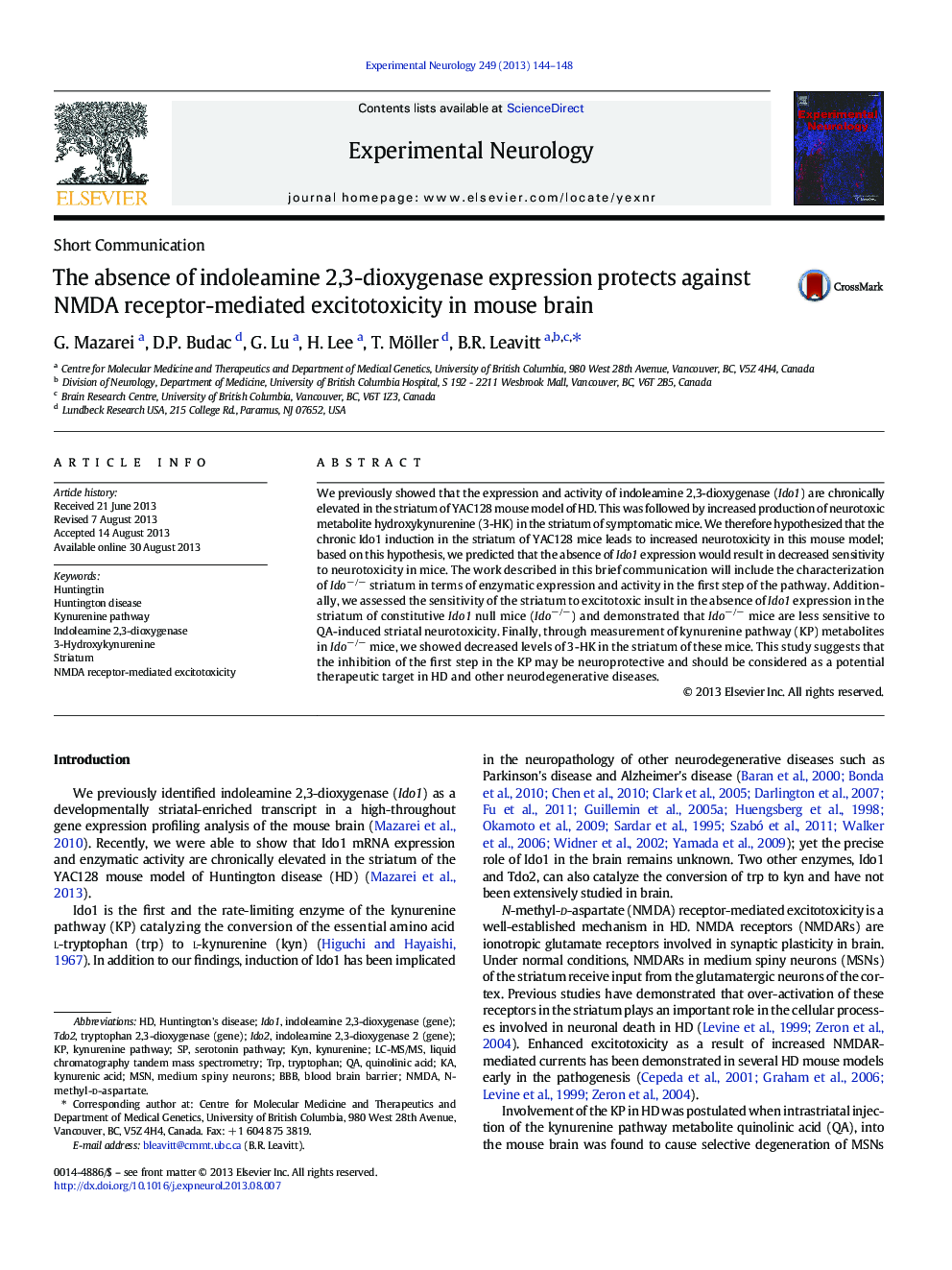 The absence of indoleamine 2,3-dioxygenase expression protects against NMDA receptor-mediated excitotoxicity in mouse brain