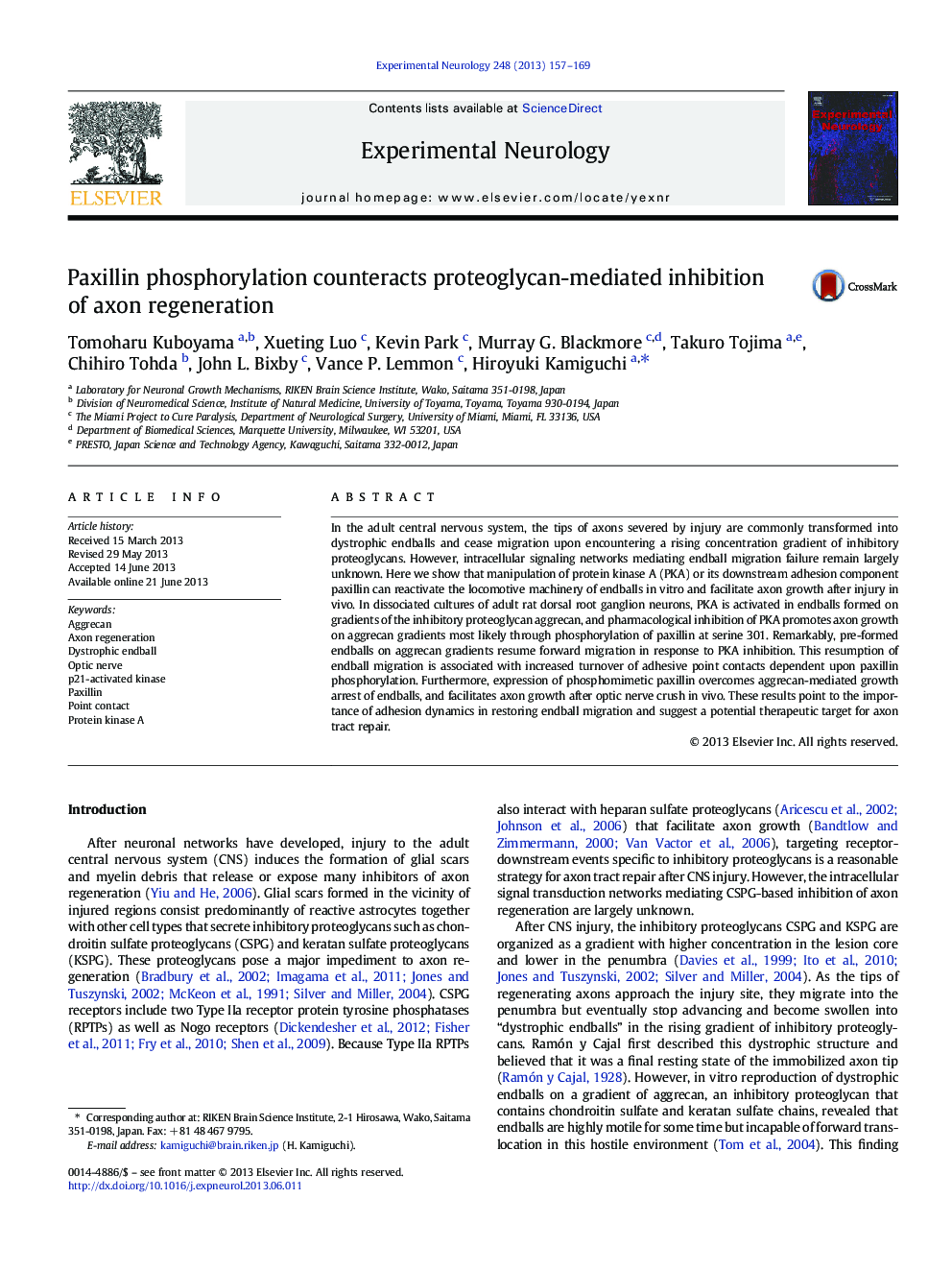 Paxillin phosphorylation counteracts proteoglycan-mediated inhibition of axon regeneration