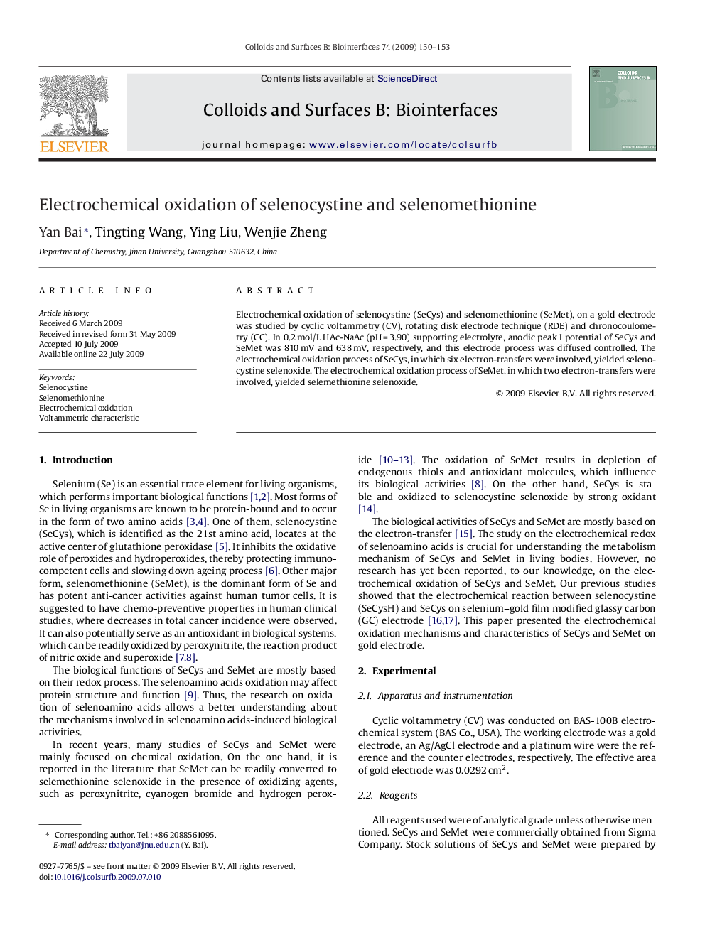 Electrochemical oxidation of selenocystine and selenomethionine