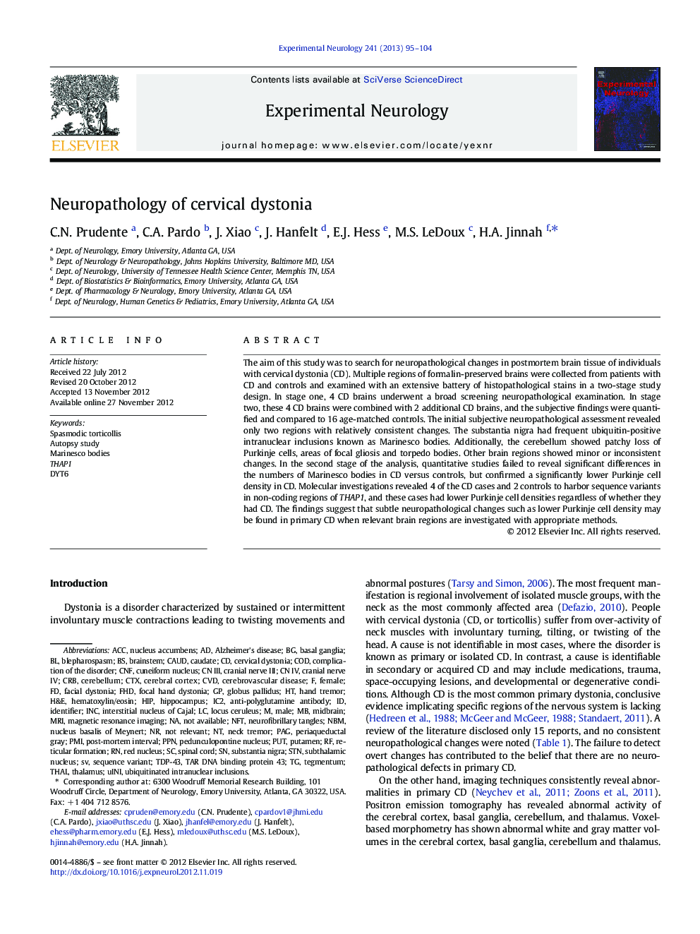 Neuropathology of cervical dystonia