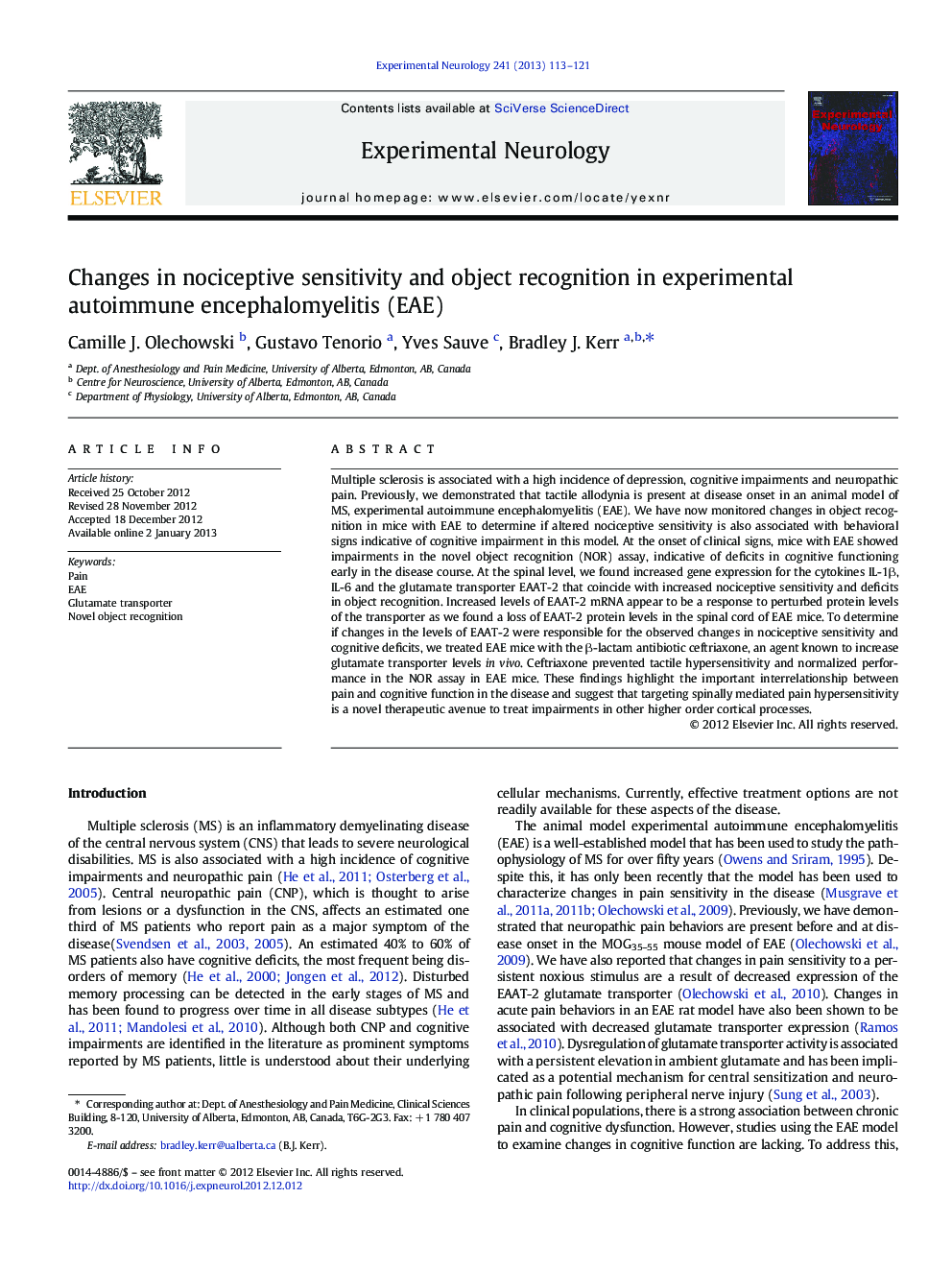 Changes in nociceptive sensitivity and object recognition in experimental autoimmune encephalomyelitis (EAE)