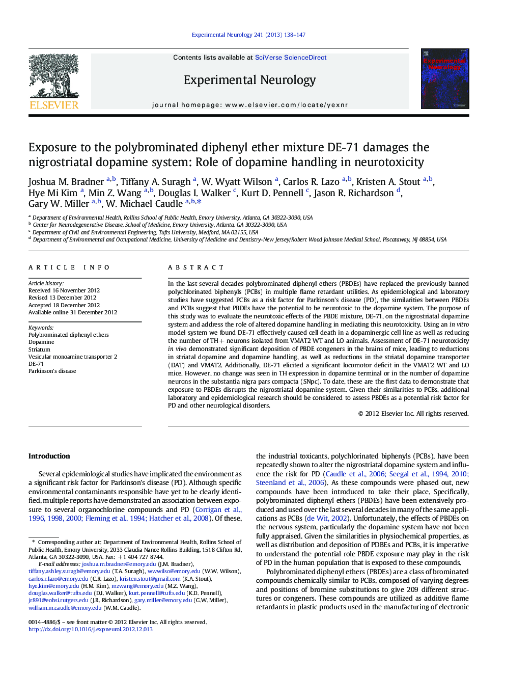 Exposure to the polybrominated diphenyl ether mixture DE-71 damages the nigrostriatal dopamine system: Role of dopamine handling in neurotoxicity