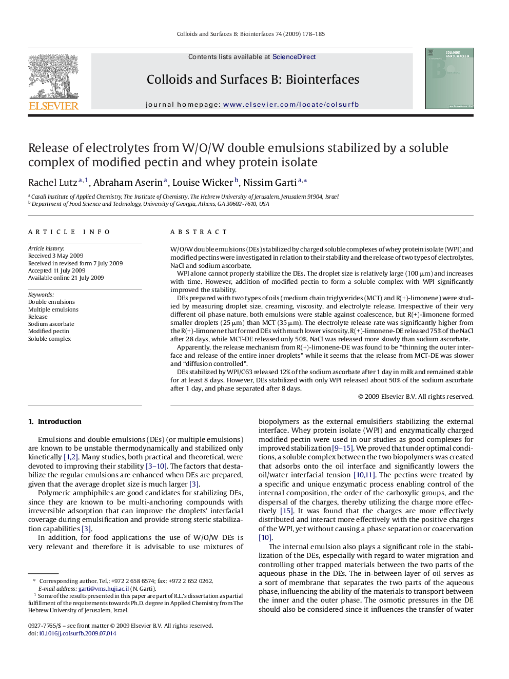 Release of electrolytes from W/O/W double emulsions stabilized by a soluble complex of modified pectin and whey protein isolate