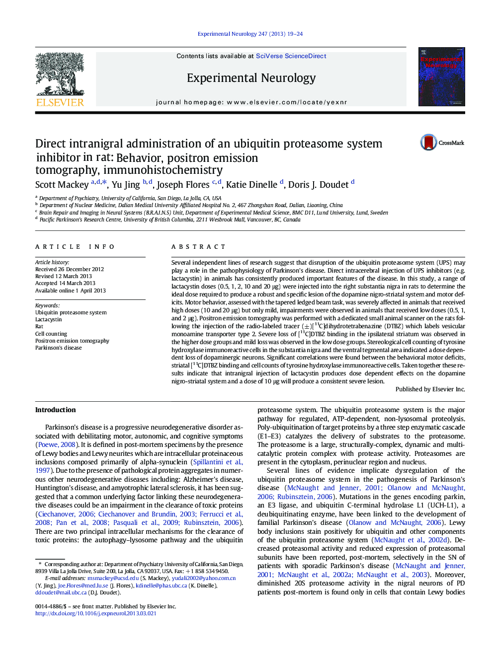 Direct intranigral administration of an ubiquitin proteasome system inhibitor in rat: Behavior, positron emission tomography, immunohistochemistry