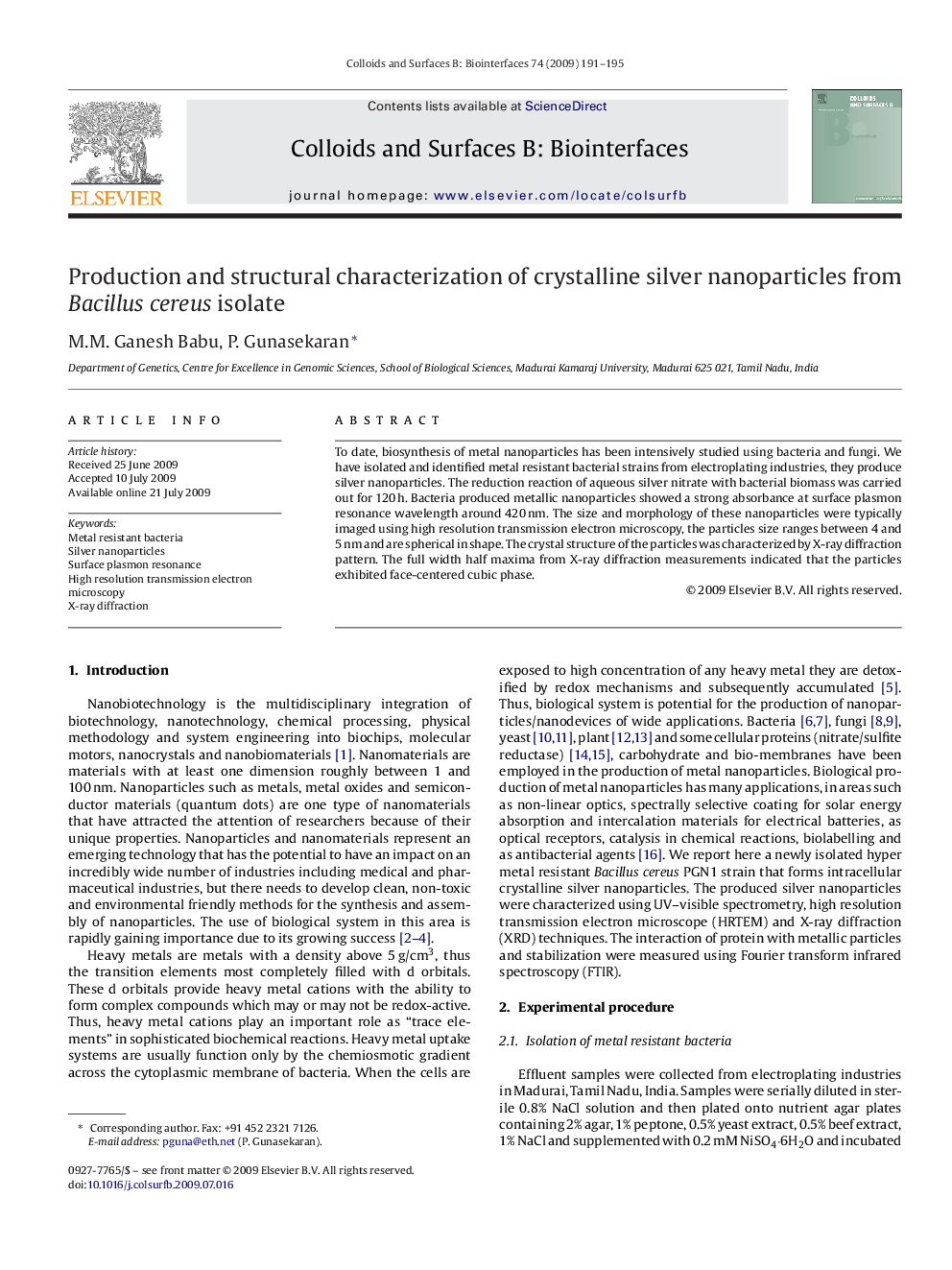 Production and structural characterization of crystalline silver nanoparticles from Bacillus cereus isolate