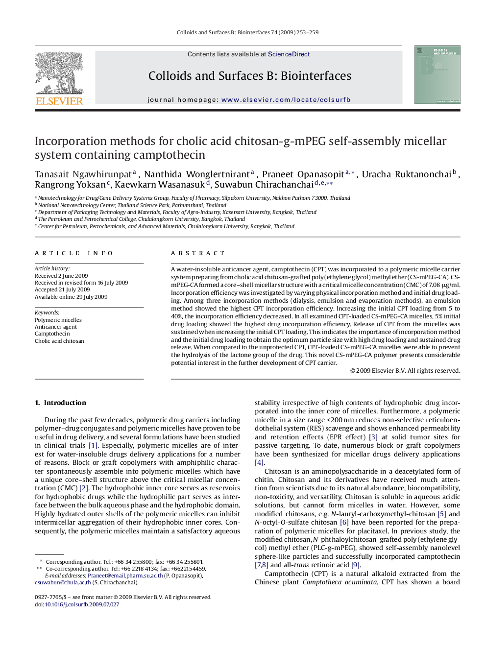 Incorporation methods for cholic acid chitosan-g-mPEG self-assembly micellar system containing camptothecin