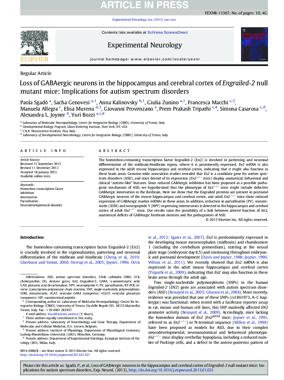 Loss of GABAergic neurons in the hippocampus and cerebral cortex of Engrailed-2 null mutant mice: Implications for autism spectrum disorders