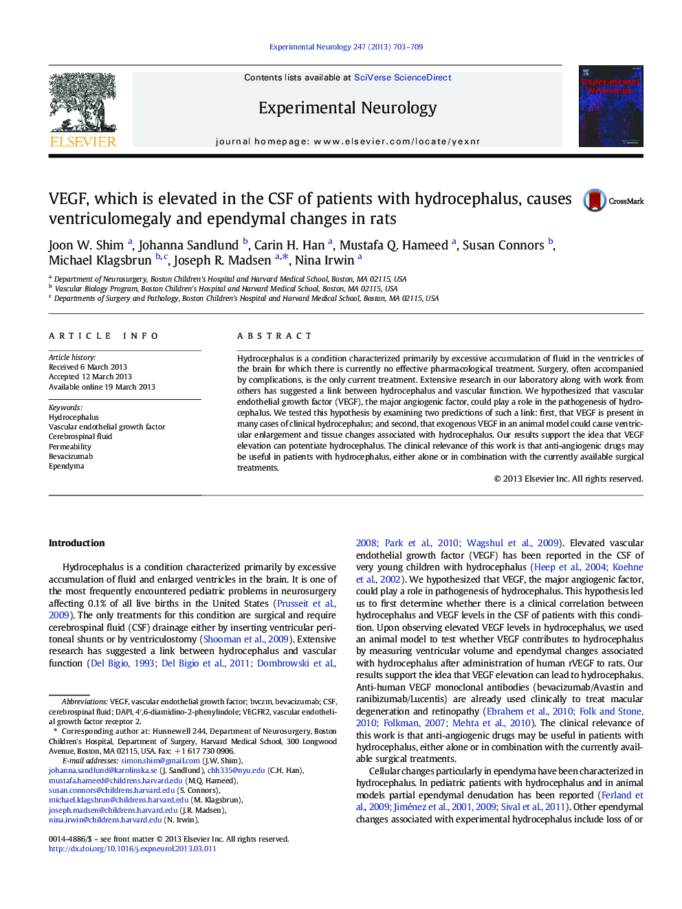 VEGF, which is elevated in the CSF of patients with hydrocephalus, causes ventriculomegaly and ependymal changes in rats