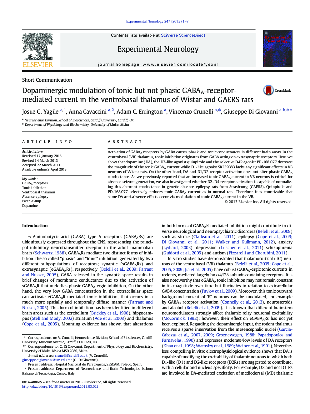 Short CommunicationDopaminergic modulation of tonic but not phasic GABAA-receptor-mediated current in the ventrobasal thalamus of Wistar and GAERS rats