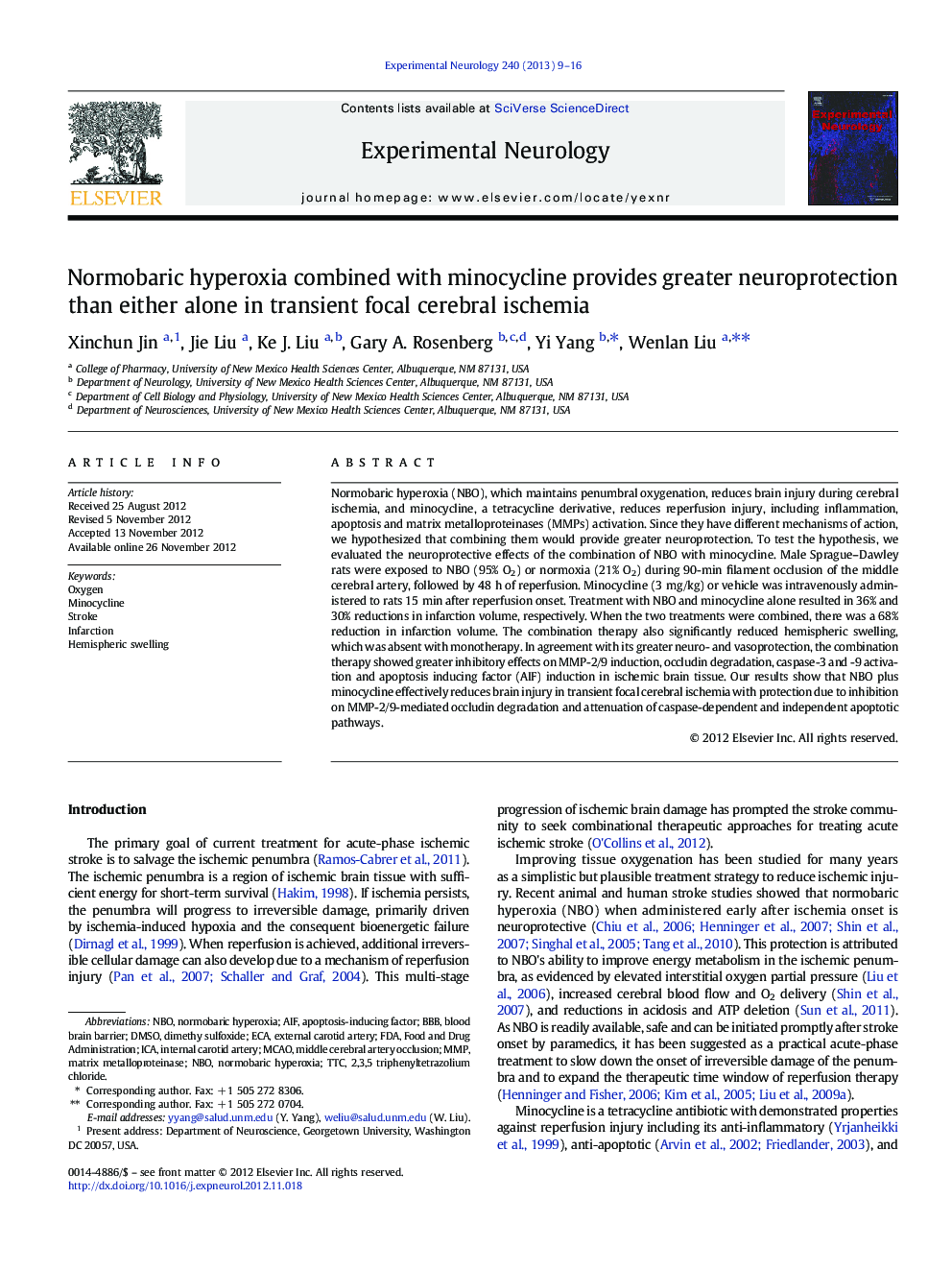 Normobaric hyperoxia combined with minocycline provides greater neuroprotection than either alone in transient focal cerebral ischemia