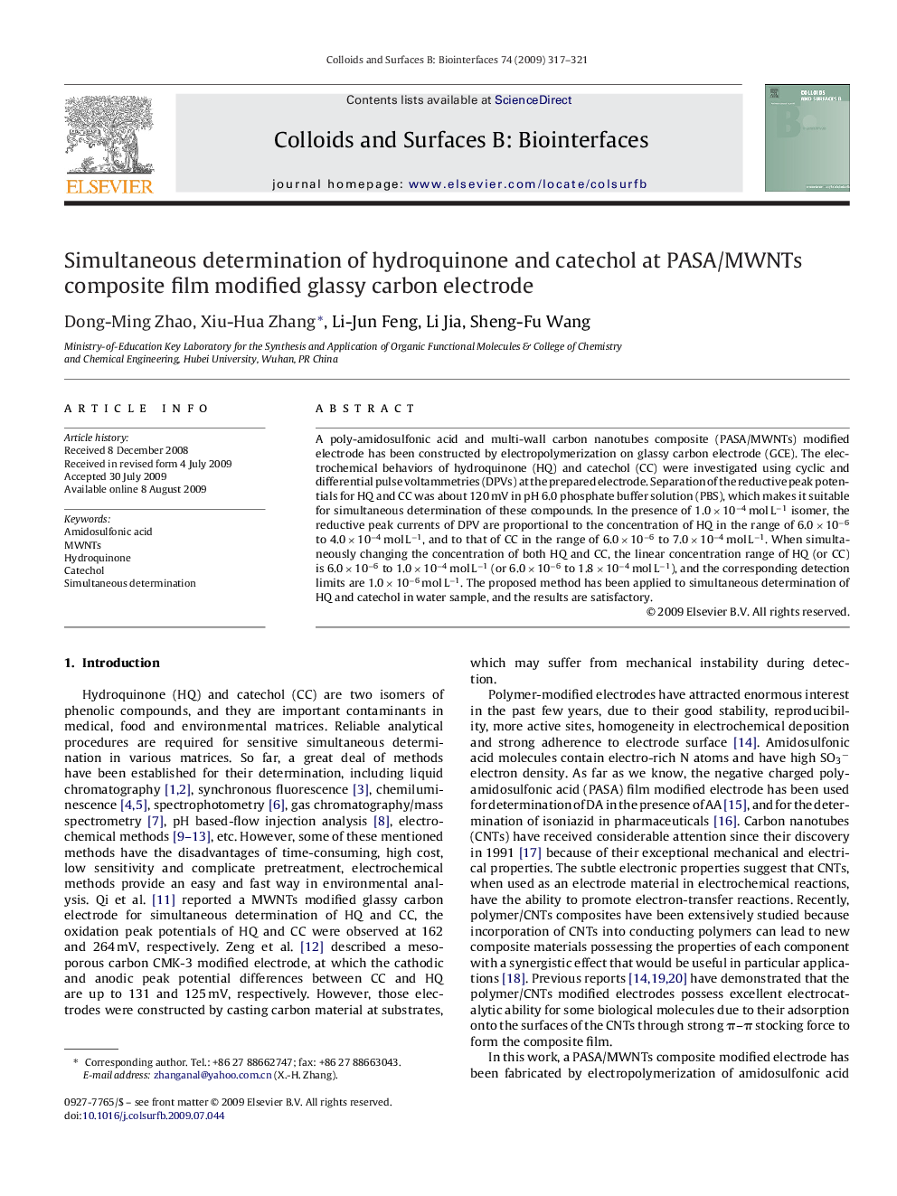 عکس صفحه اول مقاله: Simultaneous determination of hydroquinone and catechol at PASA/MWNTs composite film modified glassy carbon electrode Simultaneous determination of hydroquinone and catechol at PASA/MWNTs composite film modified glassy carbon electrode