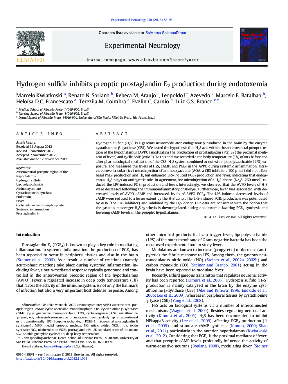 Hydrogen sulfide inhibits preoptic prostaglandin E2 production during endotoxemia