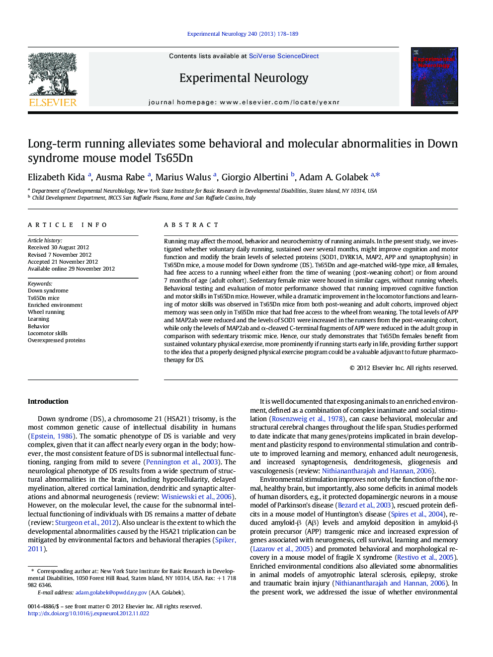 Long-term running alleviates some behavioral and molecular abnormalities in Down syndrome mouse model Ts65Dn