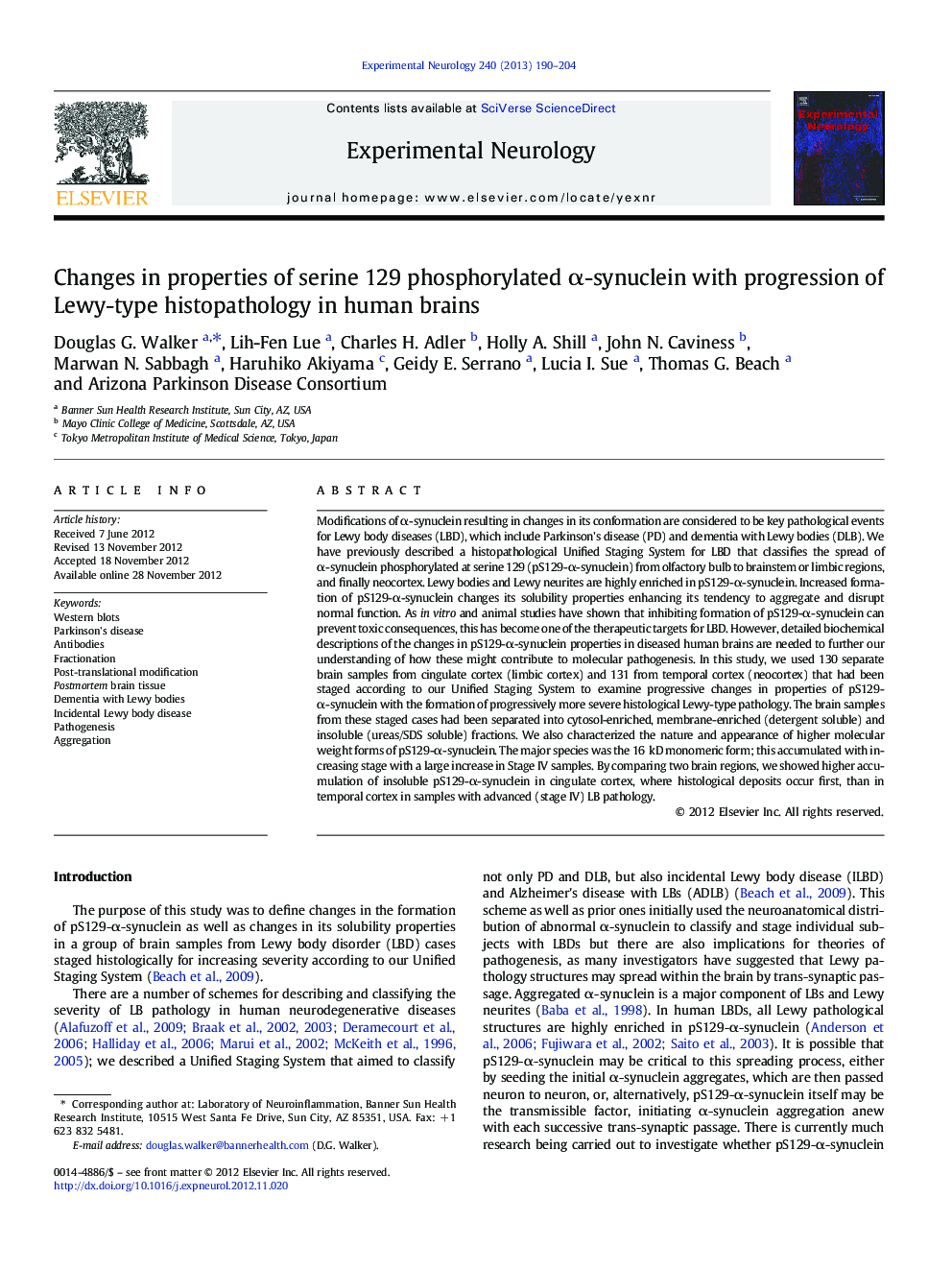 Changes in properties of serine 129 phosphorylated Î±-synuclein with progression of Lewy-type histopathology in human brains