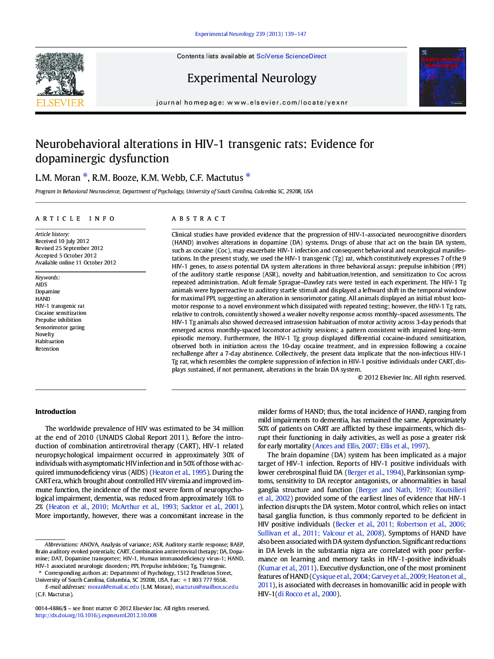 Neurobehavioral alterations in HIV-1 transgenic rats: Evidence for dopaminergic dysfunction