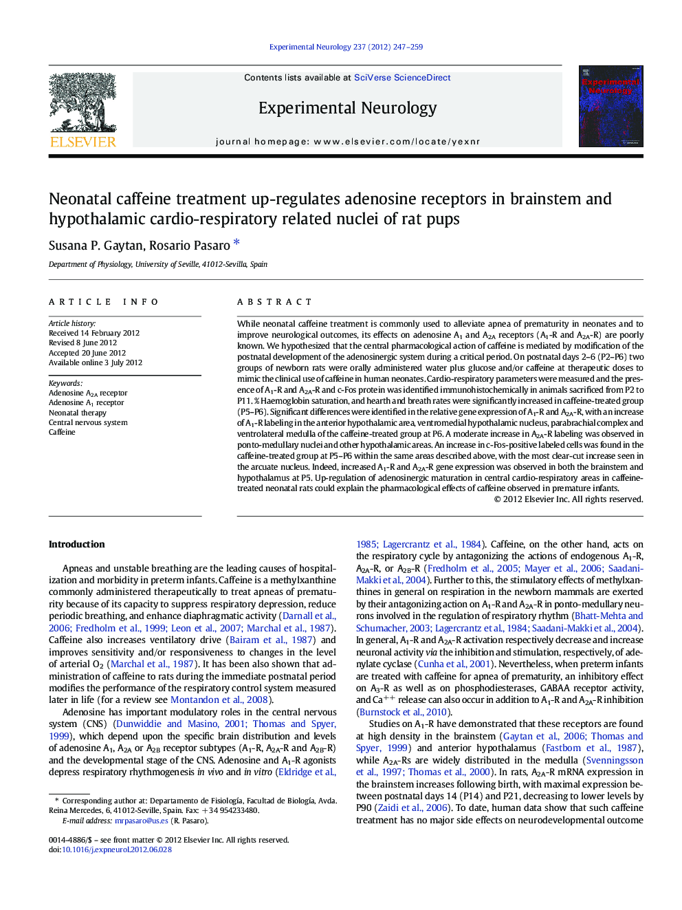 Neonatal caffeine treatment up-regulates adenosine receptors in brainstem and hypothalamic cardio-respiratory related nuclei of rat pups