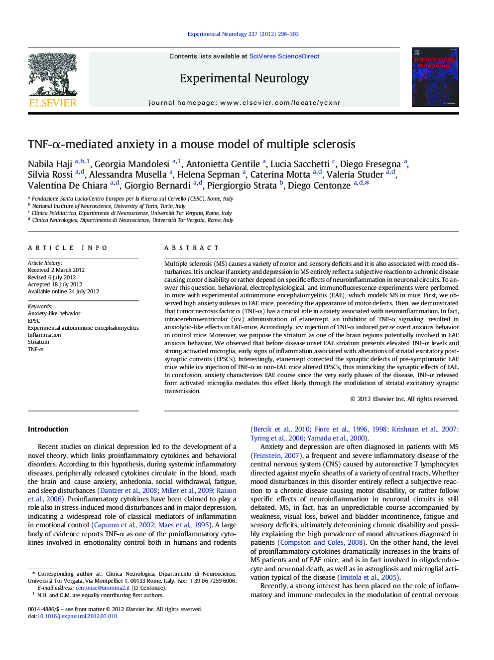 TNF-Î±-mediated anxiety in a mouse model of multiple sclerosis