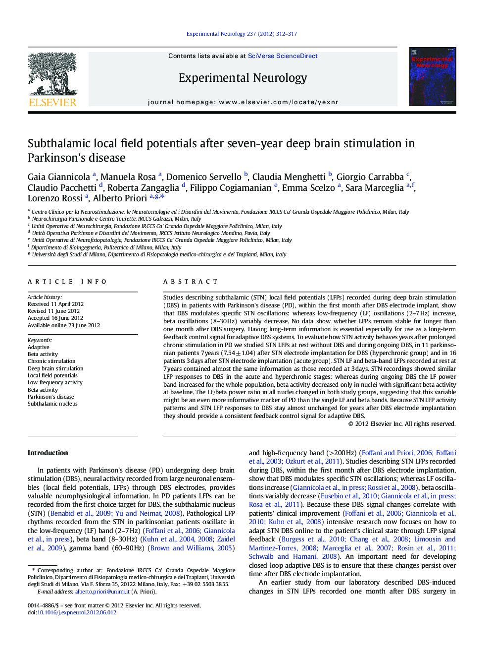 Subthalamic local field potentials after seven-year deep brain stimulation in Parkinson's disease