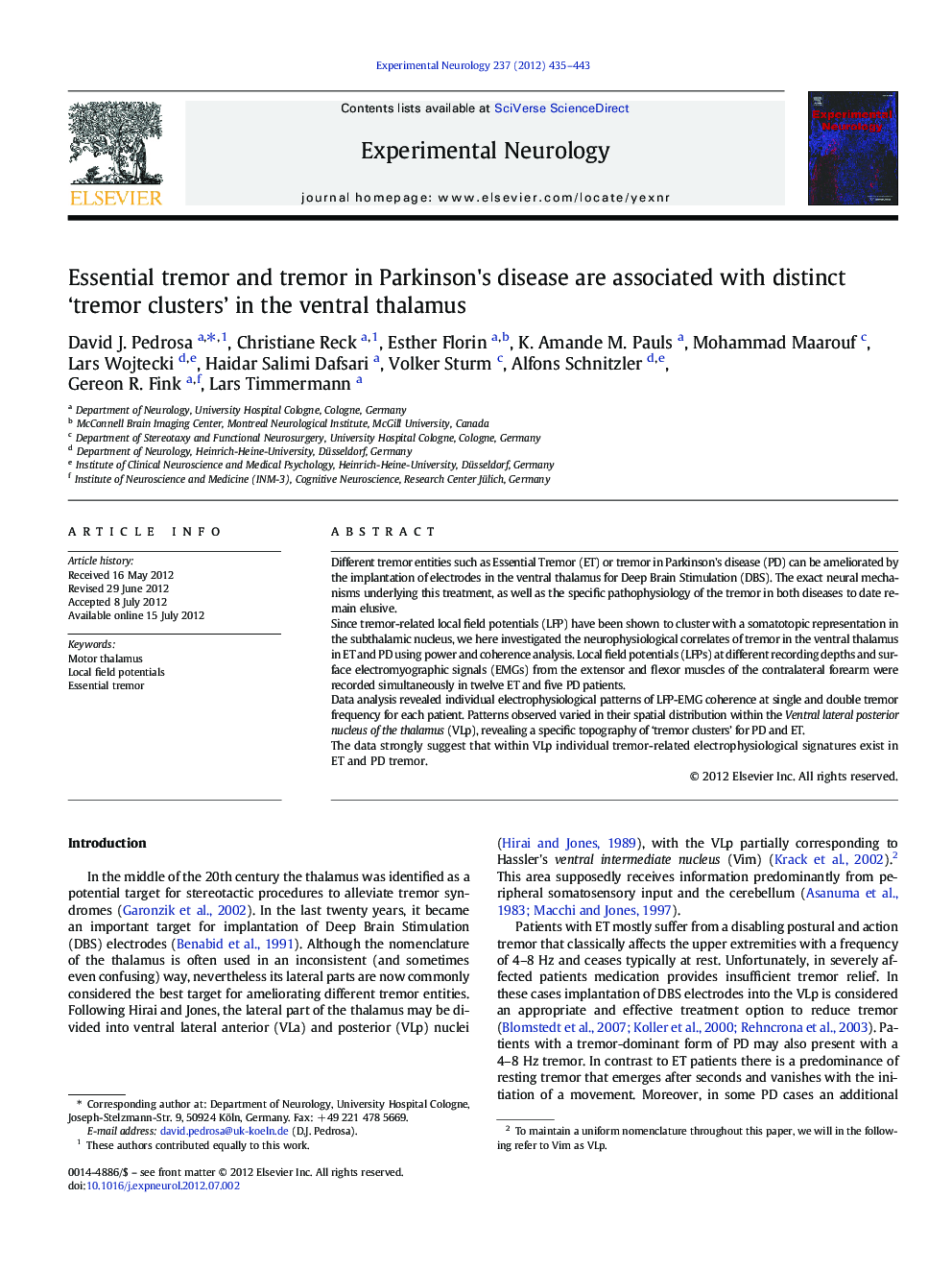 Essential tremor and tremor in Parkinson's disease are associated with distinct 'tremor clusters' in the ventral thalamus